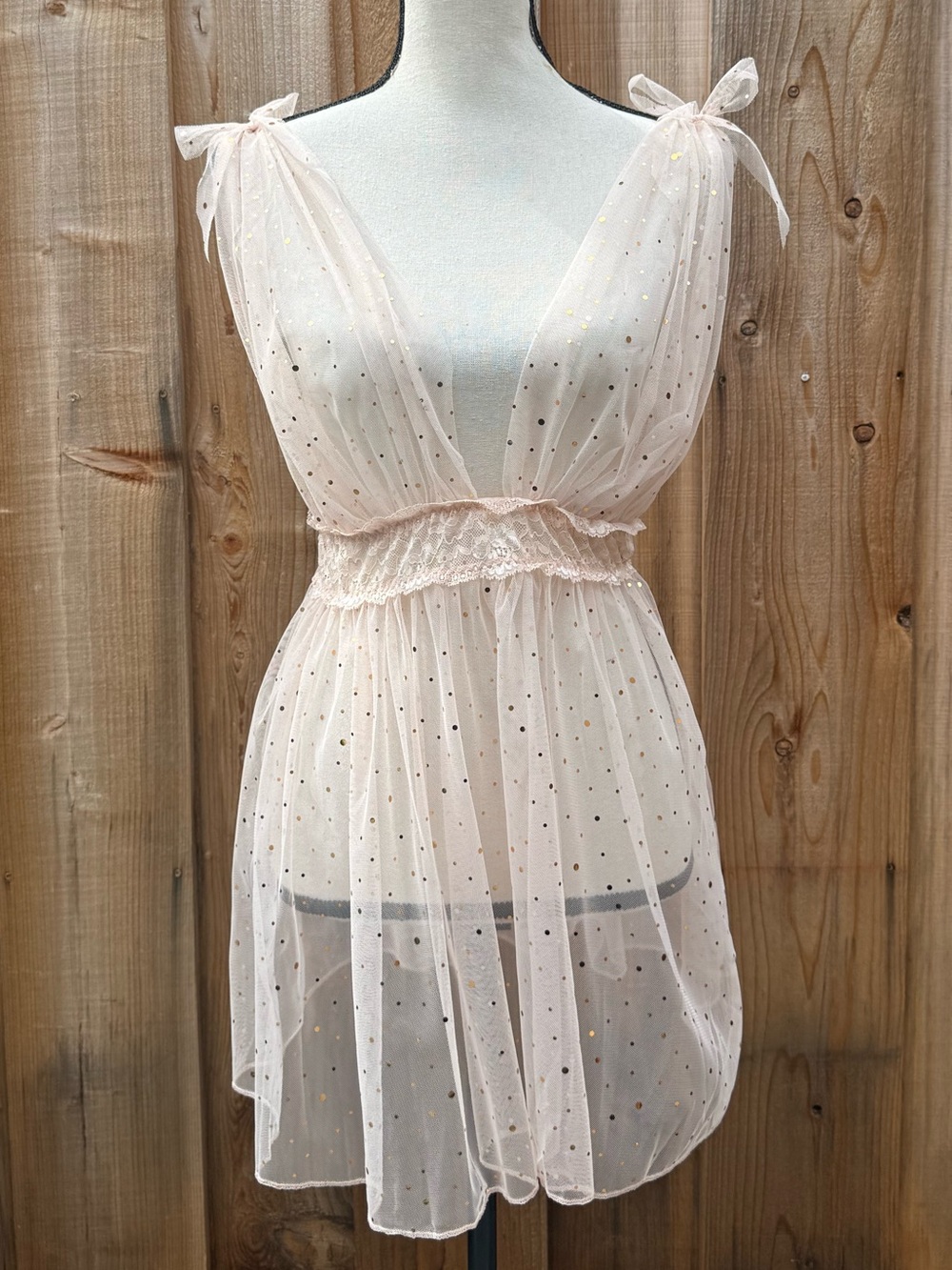 Adore Me Blush Pink Sheer Metallic Polka Dot Tie-Shoulder Chemise